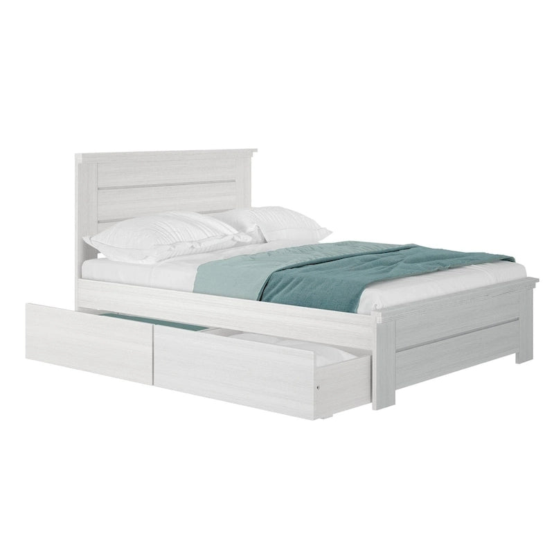 Lit double rustique avec tête de lit et tiroirs de rangement, finition délavée/bois flotté – 2 couchages