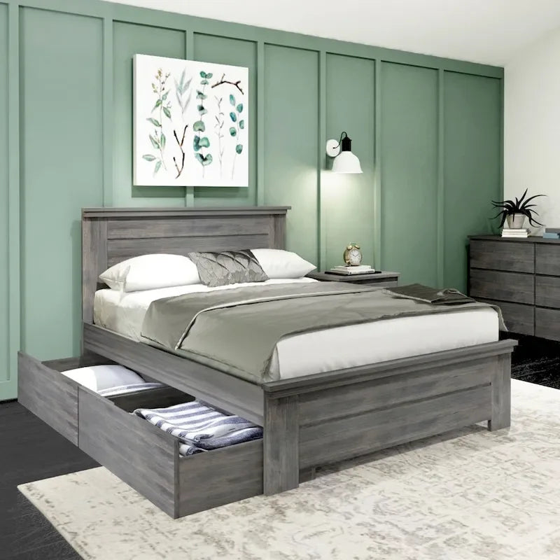 Lit double rustique avec tête de lit et tiroirs de rangement, finition délavée/bois flotté – 2 couchages