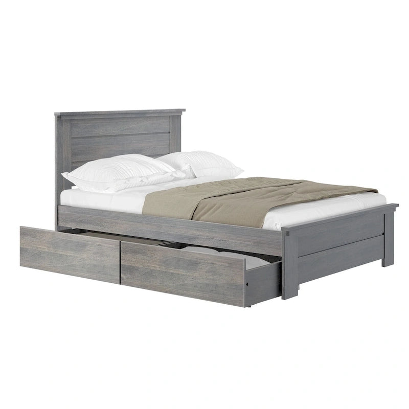 Lit double rustique avec tête de lit et tiroirs de rangement, finition délavée/bois flotté – 2 couchages