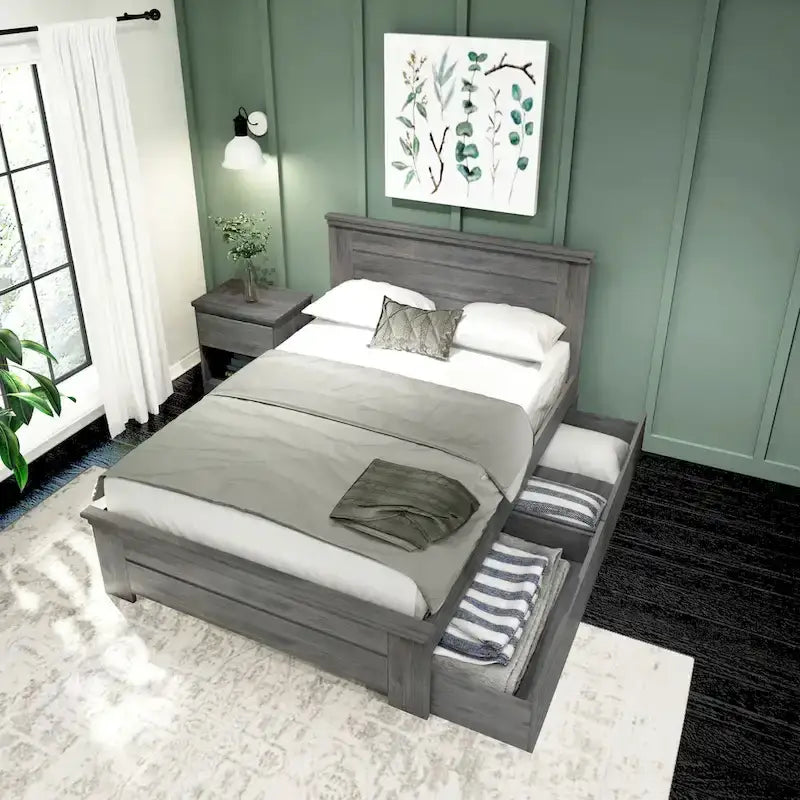 Lit double rustique avec tête de lit et tiroirs de rangement, finition délavée/bois flotté – 2 couchages