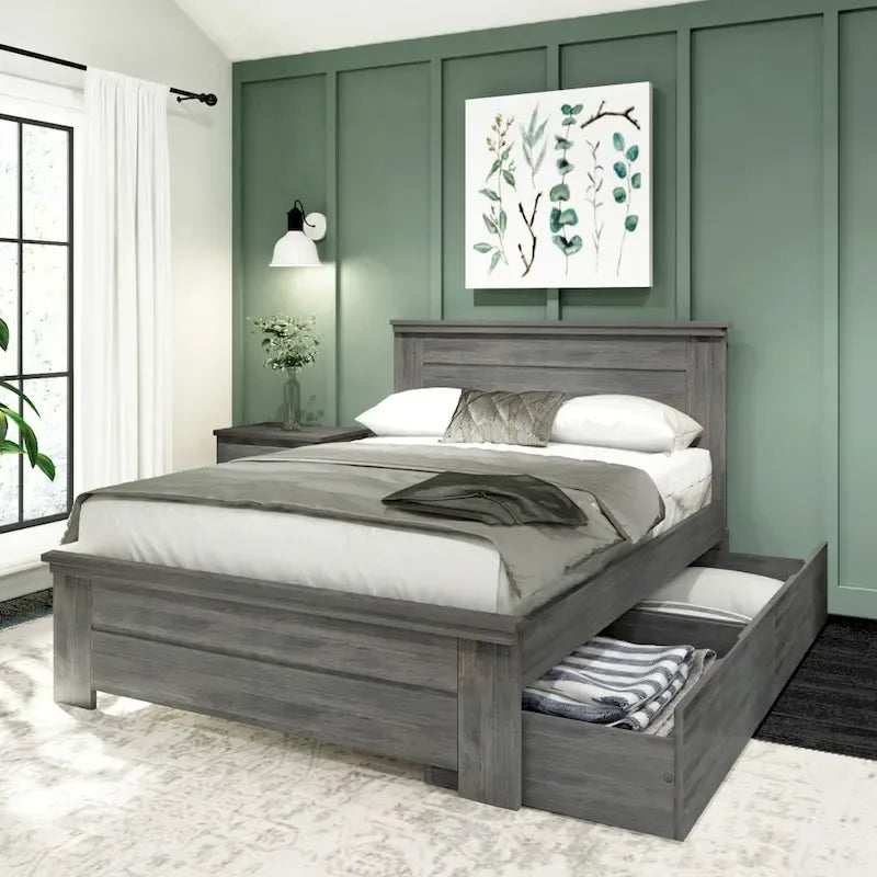 Lit double rustique avec tête de lit et tiroirs de rangement, finition délavée/bois flotté – 2 couchages