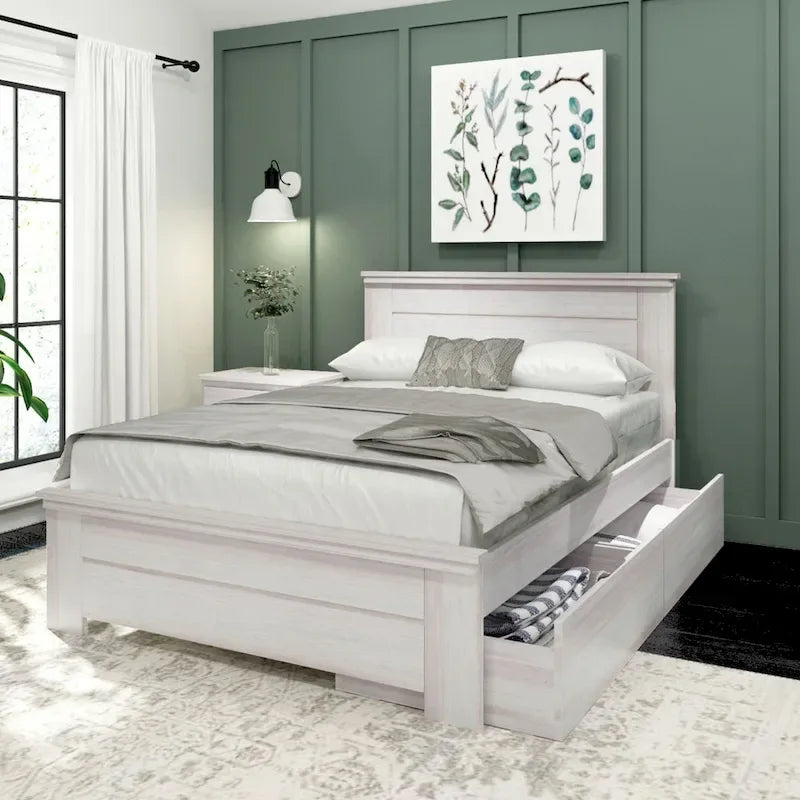 Lit double rustique avec tête de lit et tiroirs de rangement, finition délavée/bois flotté – 2 couchages