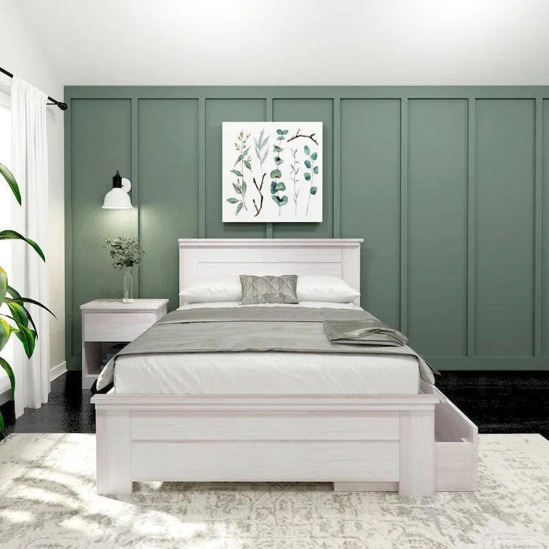 Lit double rustique avec tête de lit et tiroirs de rangement, finition délavée/bois flotté – 2 couchages