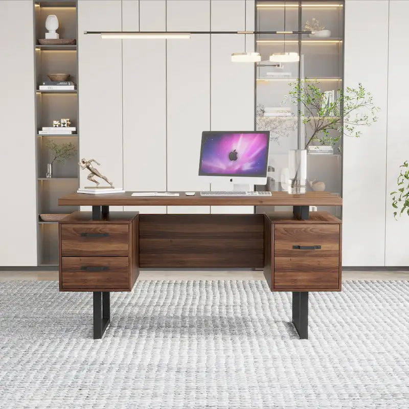 Bureau informatique en noyer brun avec 3 tiroirs, poste de travail individuel