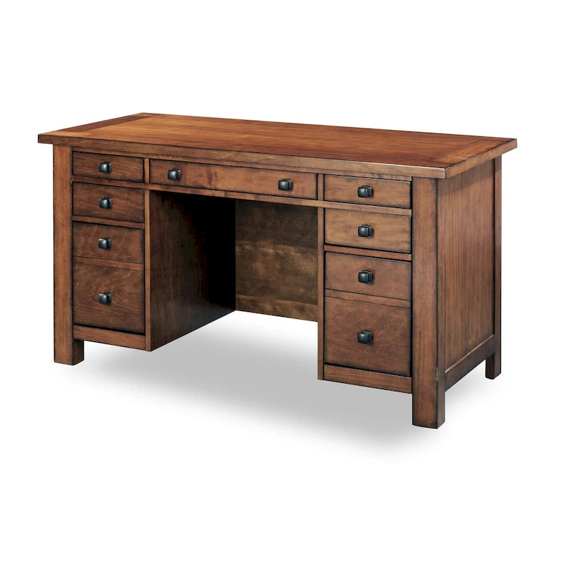 Bureau exécutif sur piètement en érable vieilli marron, 137 cm de large, pour une personne