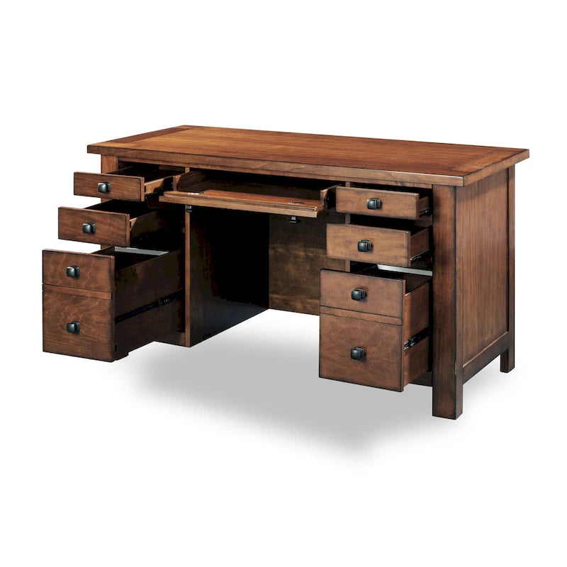 Bureau exécutif sur piètement en érable vieilli marron, 137 cm de large, pour une personne