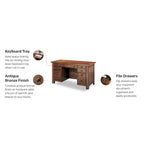 Bureau exécutif sur piètement en érable vieilli marron, 137 cm de large, pour une personne