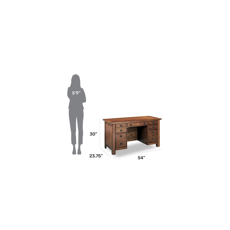 Bureau exécutif sur piètement en érable vieilli marron, 137 cm de large, pour une personne