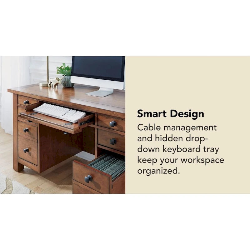 Bureau exécutif sur piètement en érable vieilli marron, 137 cm de large, pour une personne
