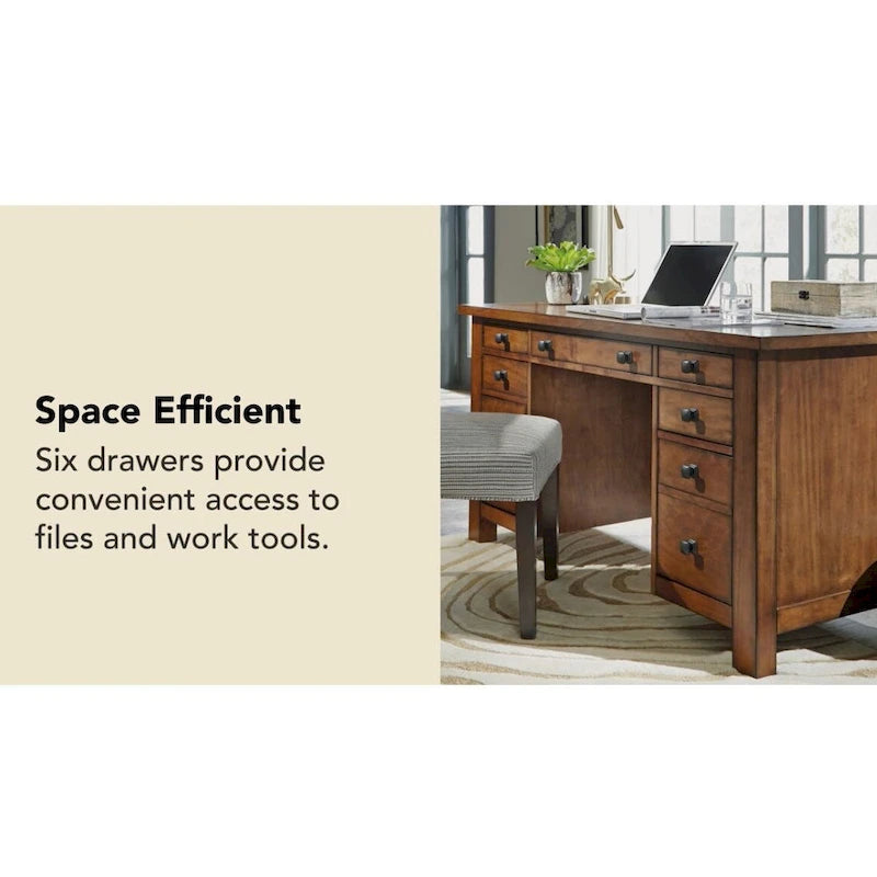 Bureau exécutif sur piètement en érable vieilli marron, 137 cm de large, pour une personne