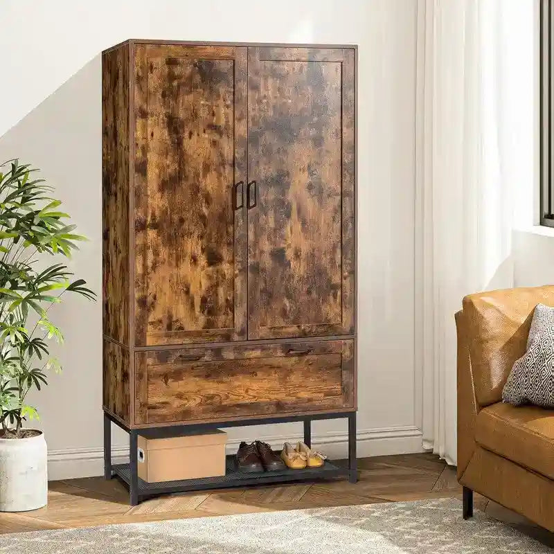 Armoire autoportante rustique marron avec portes, 1 personne