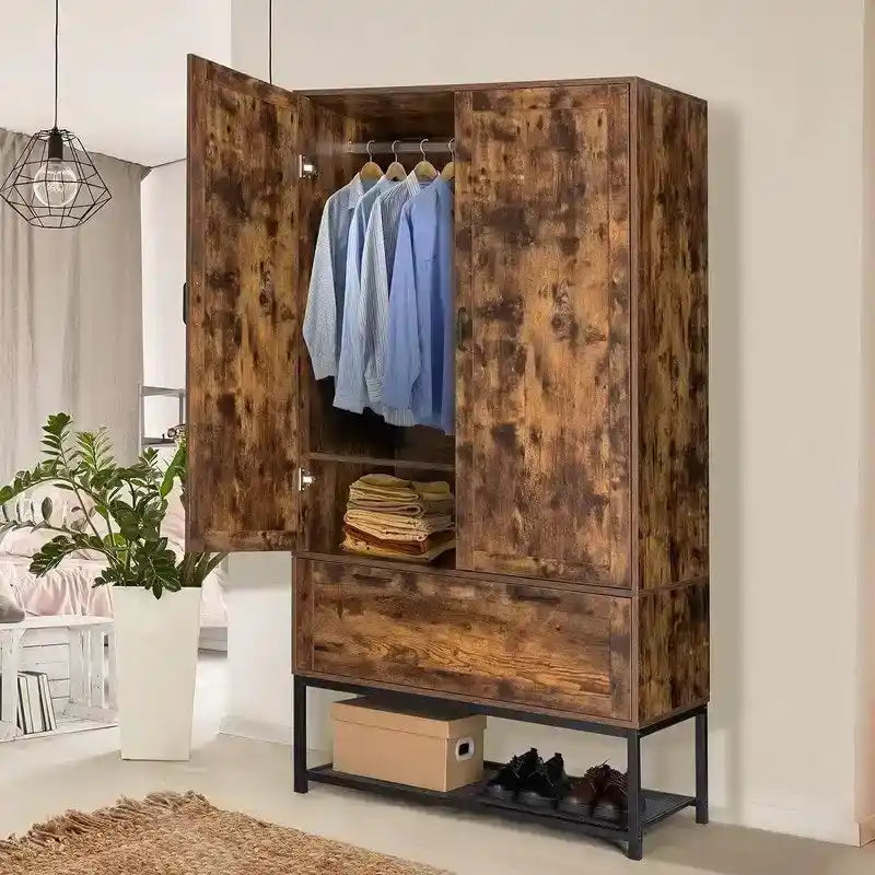 Armoire autoportante rustique marron avec portes, 1 personne
