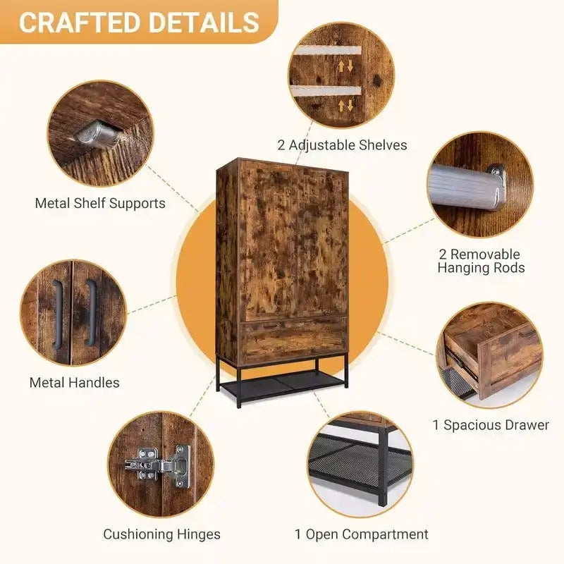 Armoire autoportante rustique marron avec portes, 1 personne