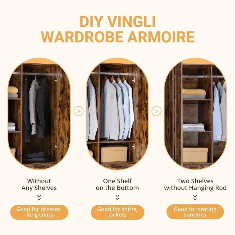 Armoire autoportante rustique marron avec portes, 1 personne