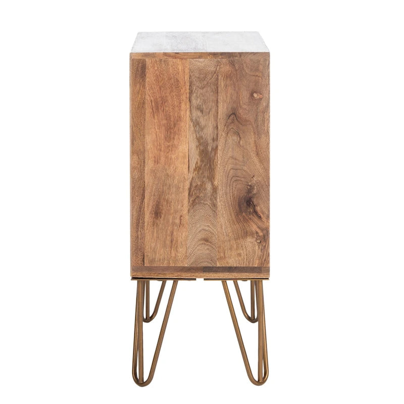 Table de chevet 1 tiroir en laiton/naturel avec pieds épingle, simple