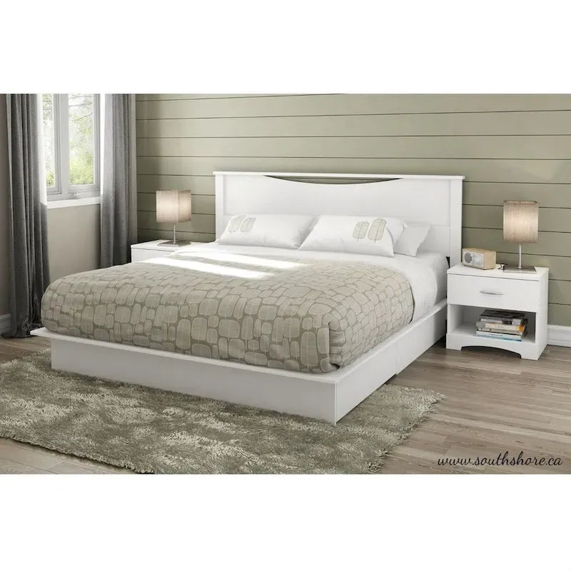 Lit plateforme King blanc avec tiroirs de rangement, 2 personnes