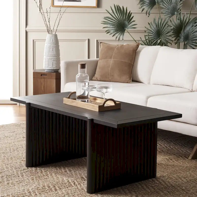 Table basse rectangulaire noire/marron, style tréteau cannelé, 1 place