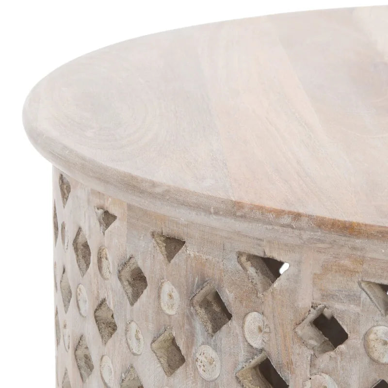 Table basse ronde Bois de manguier treillis coloris Brûlé naturel / Blanc vieilli / Brûlé blanc, 1 place