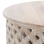 Table basse ronde Bois de manguier treillis coloris Brûlé naturel / Blanc vieilli / Brûlé blanc, 1 place