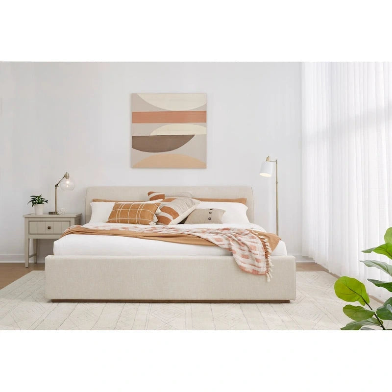 Lit plateforme rembourré de style traîneau en lin naturel, 1-2 personnes