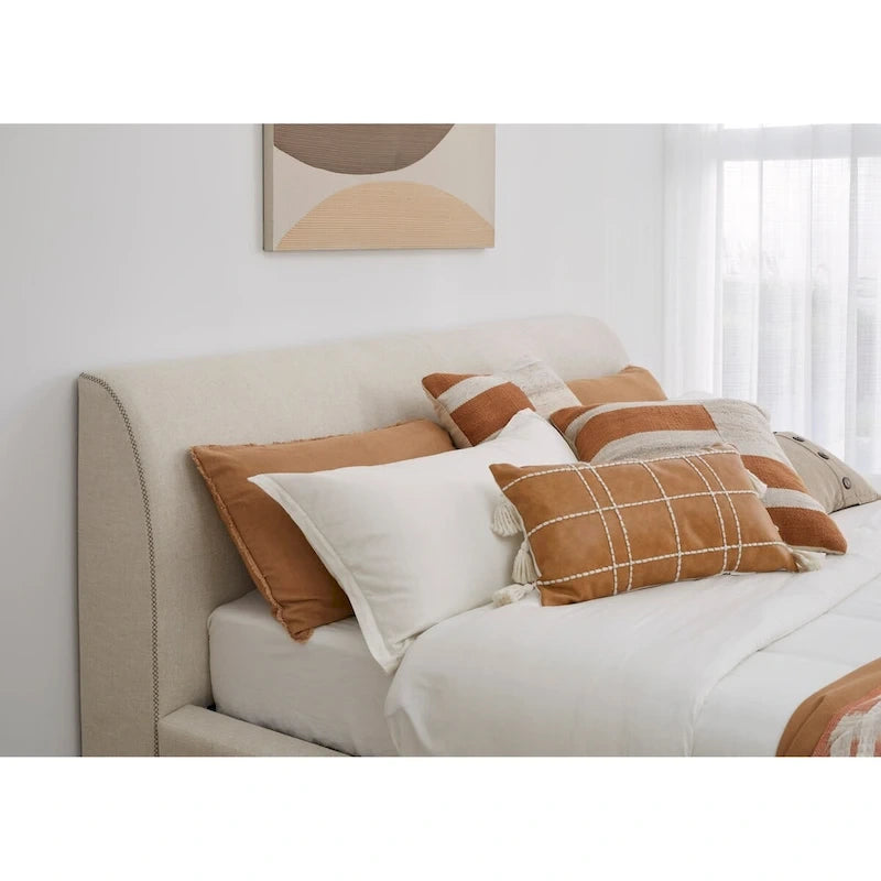 Lit plateforme rembourré de style traîneau en lin naturel, 1-2 personnes