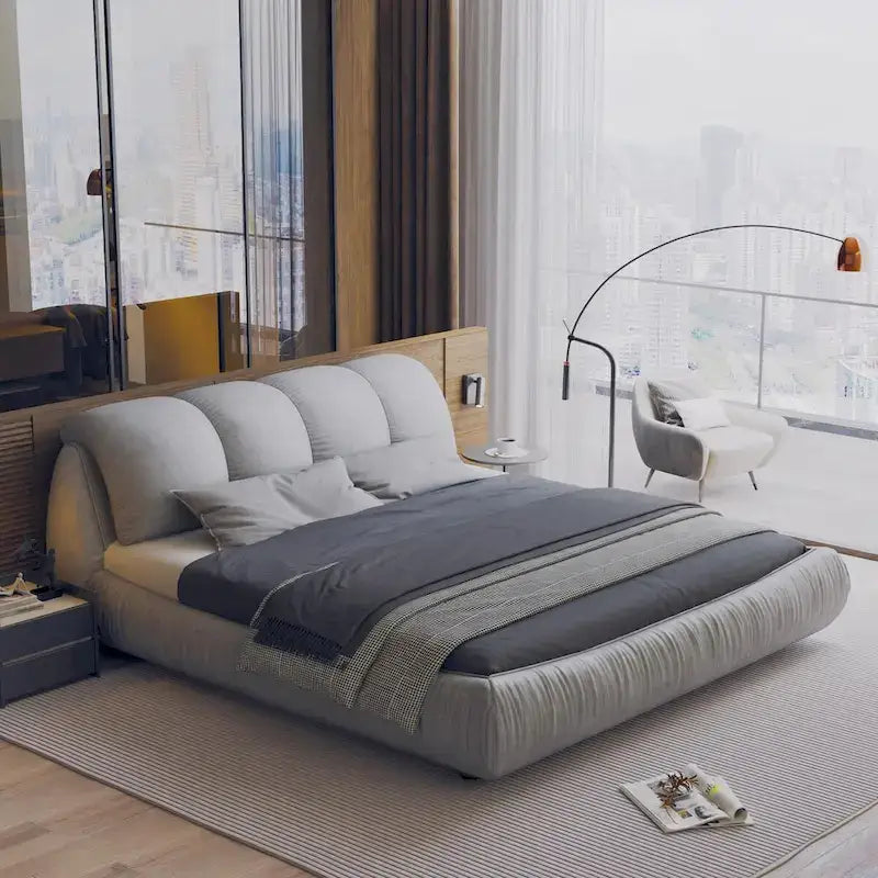 Lit plateforme rembourré gris King size, 1 personne