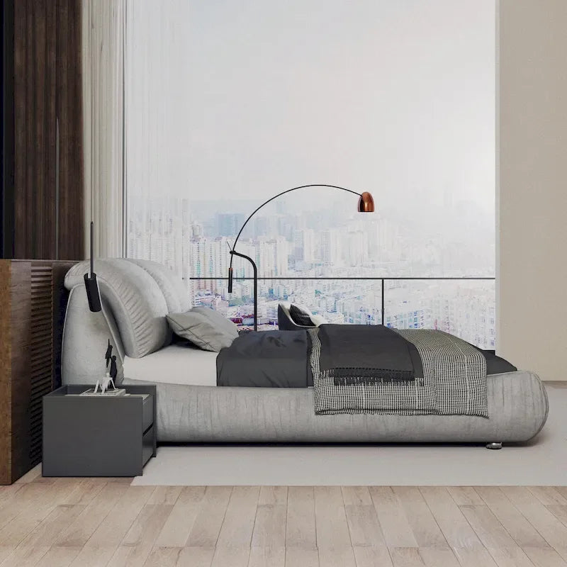 Lit plateforme rembourré gris King size, 1 personne