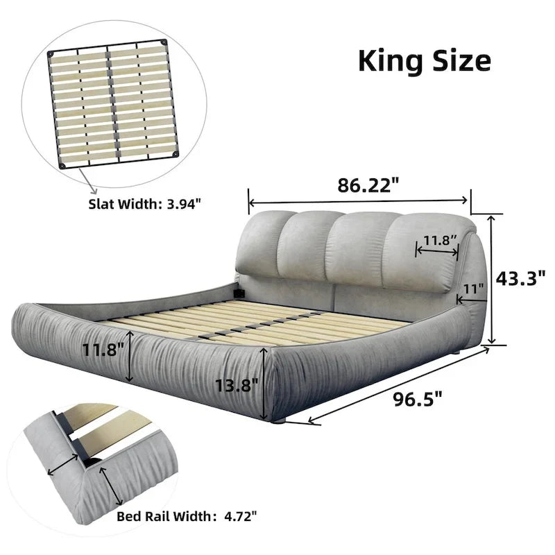 Lit plateforme rembourré gris King size, 1 personne