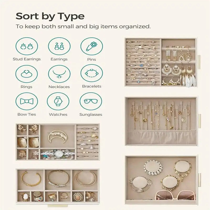 Boîte à bijoux rotative à 3 tiroirs avec fenêtre en verre – Bleu/Blanc/Vert/Doré/Gris/Noir, 1 personne