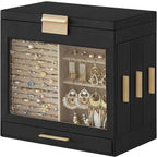 Boîte à bijoux rotative à 3 tiroirs avec fenêtre en verre – Bleu/Blanc/Vert/Doré/Gris/Noir, 1 personne