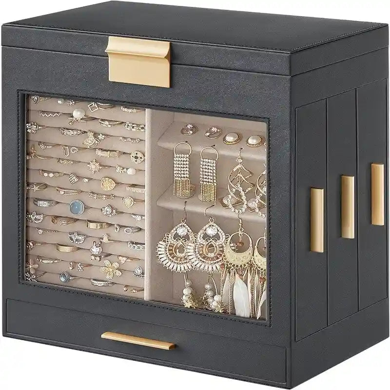 Boîte à bijoux rotative à 3 tiroirs avec fenêtre en verre – Bleu/Blanc/Vert/Doré/Gris/Noir, 1 personne