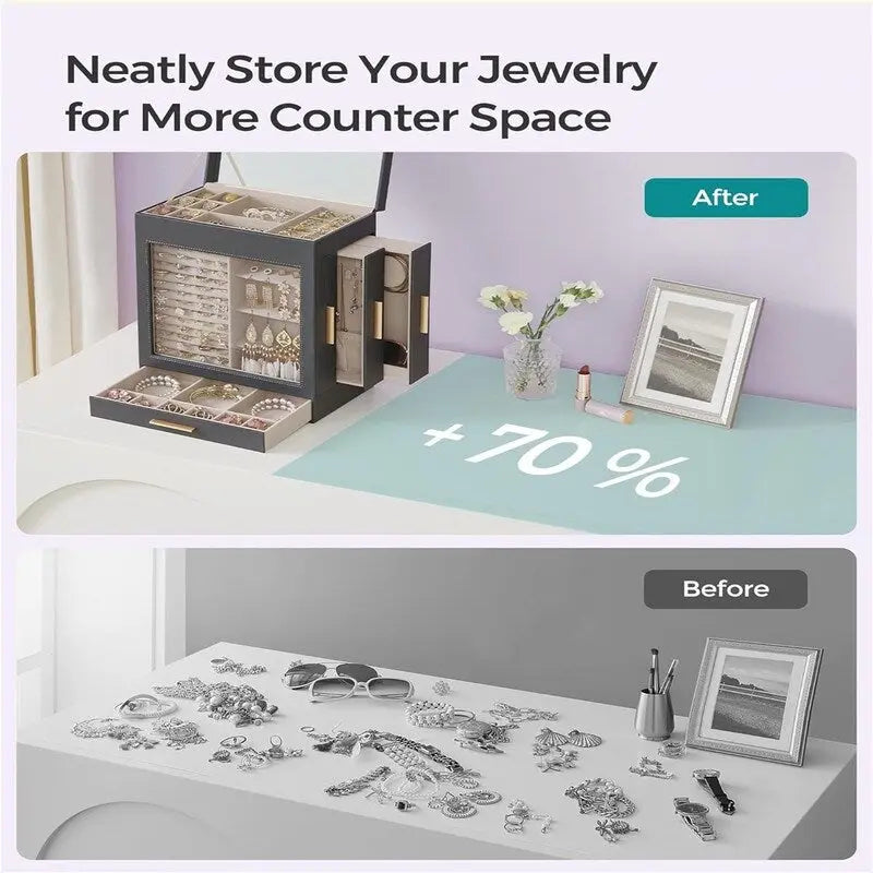 Boîte à bijoux rotative à 3 tiroirs avec fenêtre en verre – Bleu/Blanc/Vert/Doré/Gris/Noir, 1 personne