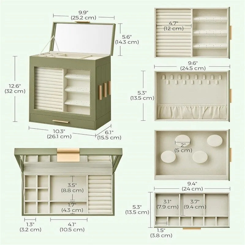 Boîte à bijoux rotative à 3 tiroirs avec fenêtre en verre – Bleu/Blanc/Vert/Doré/Gris/Noir, 1 personne