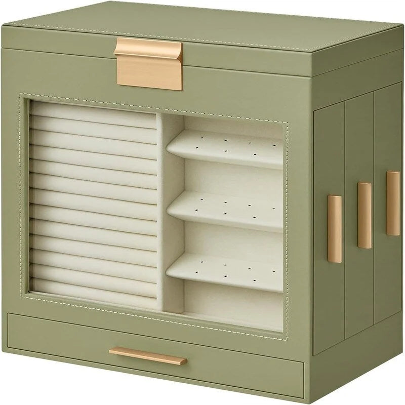 Boîte à bijoux rotative à 3 tiroirs avec fenêtre en verre – Bleu/Blanc/Vert/Doré/Gris/Noir, 1 personne
