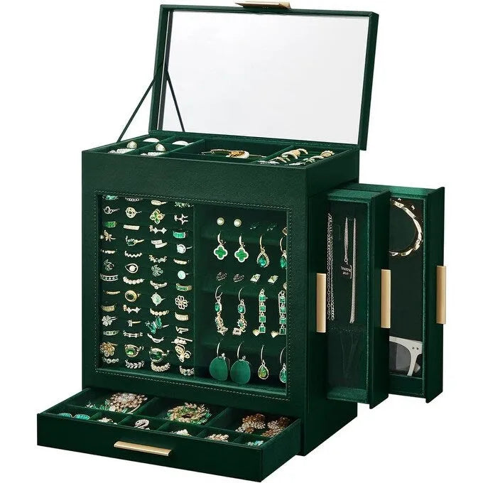 Boîte à bijoux rotative à 3 tiroirs avec fenêtre en verre – Bleu/Blanc/Vert/Doré/Gris/Noir, 1 personne