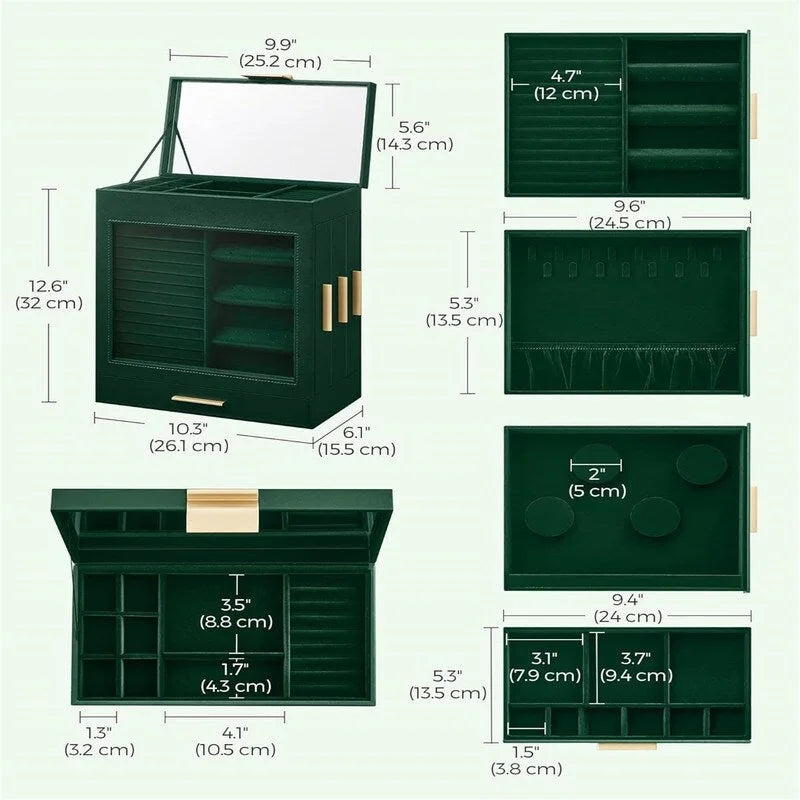 Boîte à bijoux rotative à 3 tiroirs avec fenêtre en verre – Bleu/Blanc/Vert/Doré/Gris/Noir, 1 personne