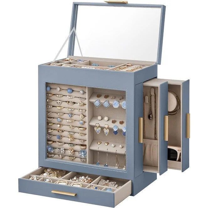 Boîte à bijoux rotative à 3 tiroirs avec fenêtre en verre – Bleu/Blanc/Vert/Doré/Gris/Noir, 1 personne