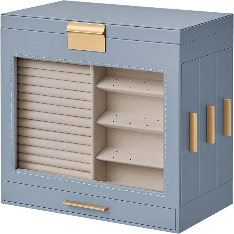Boîte à bijoux rotative à 3 tiroirs avec fenêtre en verre – Bleu/Blanc/Vert/Doré/Gris/Noir, 1 personne