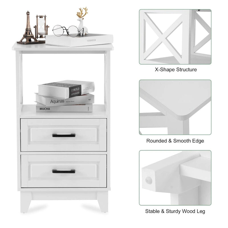 Table de chevet / d'appoint en métal blanc à 2 tiroirs, simple