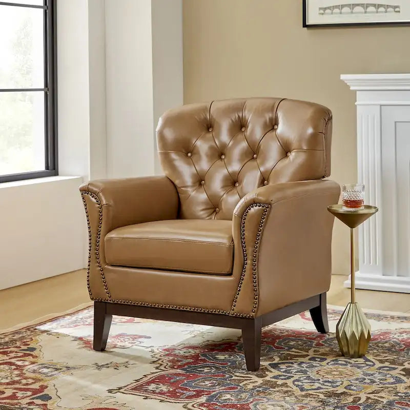 Fauteuil d'appoint dossier capitonné en cuir véritable – Marron / Chameau / Bourgogne / Bleu marine, Individuel