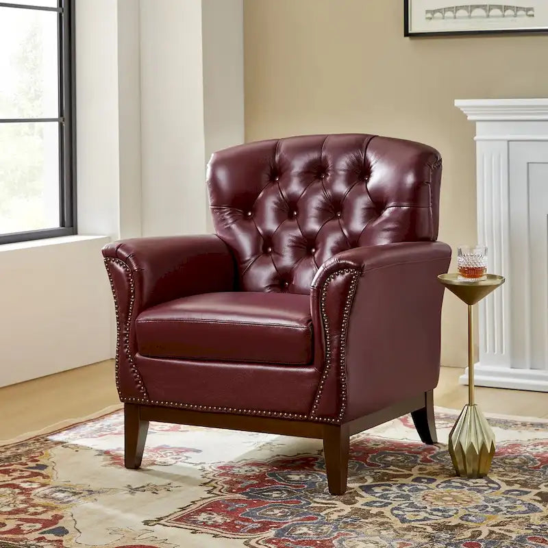 Fauteuil d'appoint dossier capitonné en cuir véritable – Marron / Chameau / Bourgogne / Bleu marine, Individuel