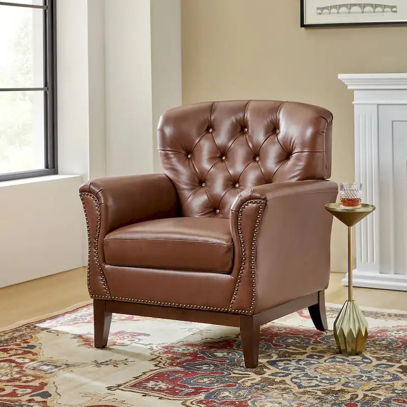 Fauteuil d'appoint dossier capitonné en cuir véritable – Marron / Chameau / Bourgogne / Bleu marine, Individuel