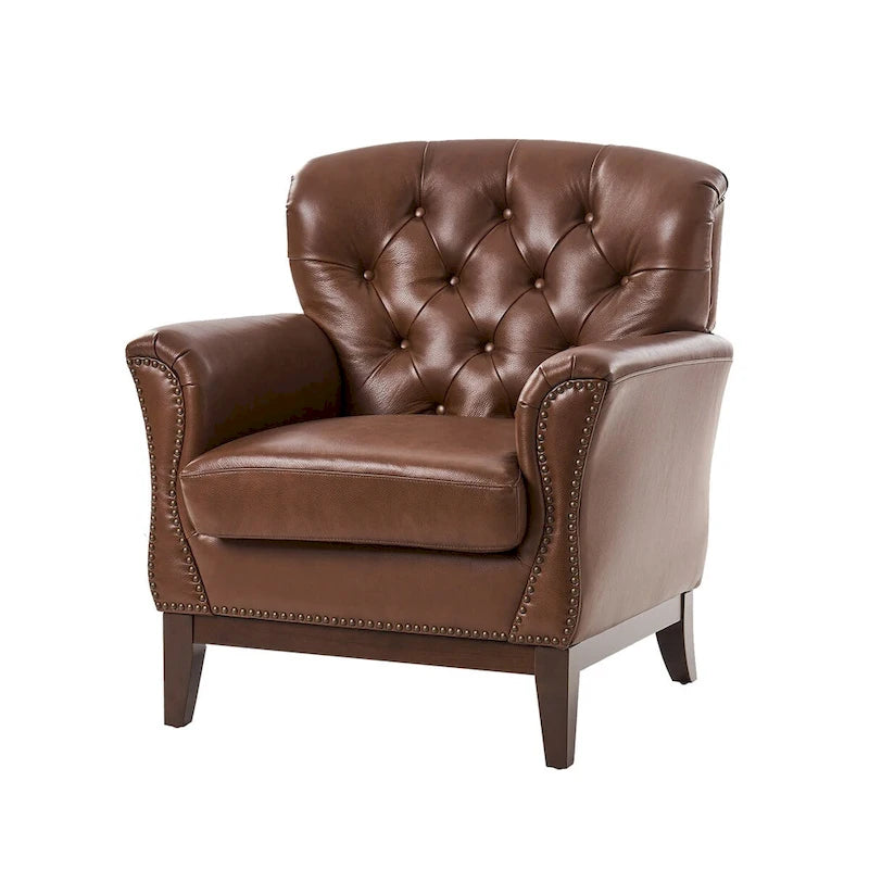 Fauteuil d'appoint dossier capitonné en cuir véritable – Marron / Chameau / Bourgogne / Bleu marine, Individuel
