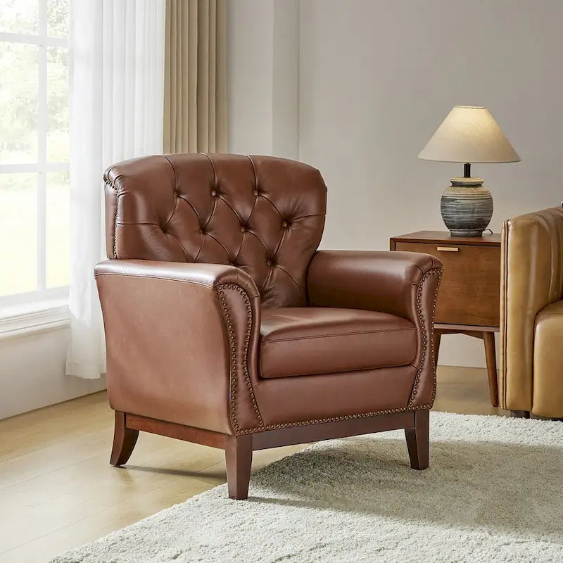 Fauteuil d'appoint dossier capitonné en cuir véritable – Marron / Chameau / Bourgogne / Bleu marine, Individuel