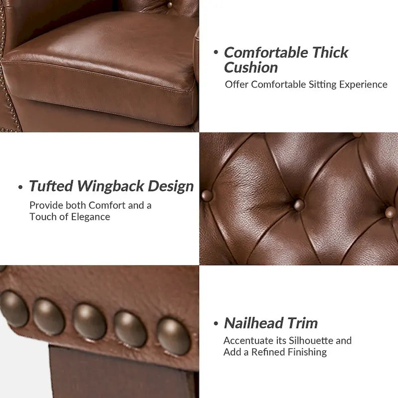 Fauteuil d'appoint dossier capitonné en cuir véritable – Marron / Chameau / Bourgogne / Bleu marine, Individuel