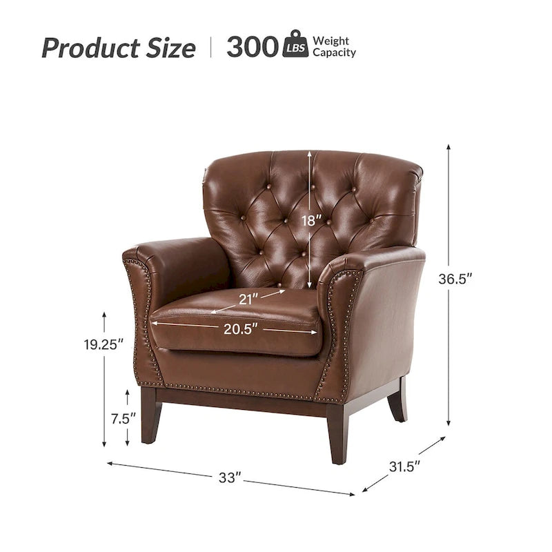 Fauteuil d'appoint dossier capitonné en cuir véritable – Marron / Chameau / Bourgogne / Bleu marine, Individuel