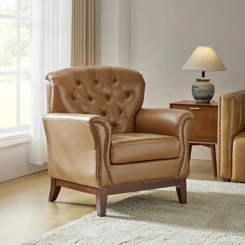 Fauteuil d'appoint dossier capitonné en cuir véritable – Marron / Chameau / Bourgogne / Bleu marine, Individuel