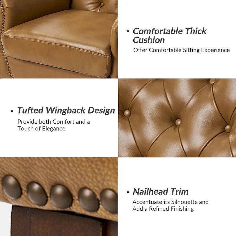Fauteuil d'appoint dossier capitonné en cuir véritable – Marron / Chameau / Bourgogne / Bleu marine, Individuel