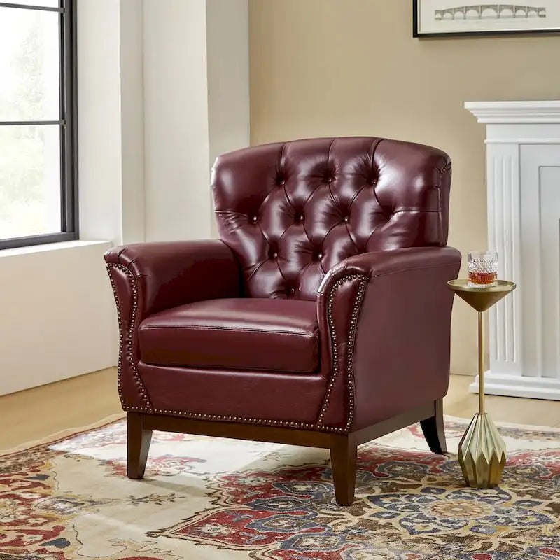 Fauteuil d'appoint dossier capitonné en cuir véritable – Marron / Chameau / Bourgogne / Bleu marine, Individuel