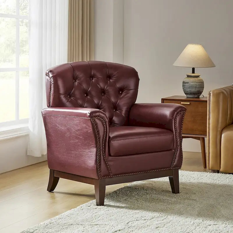 Fauteuil d'appoint dossier capitonné en cuir véritable – Marron / Chameau / Bourgogne / Bleu marine, Individuel